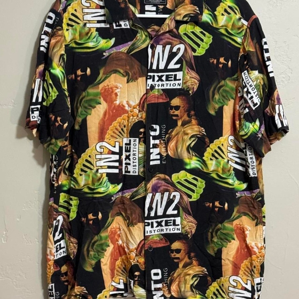 Splash Mens Pixel Distortion Graphic Button Up Shirt Black Neon Large Art Print